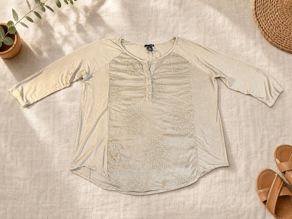 RXB Women’s XL Beige Embroidered Boho Tunic Top 3/4 Sleeve High Low Blouse